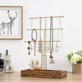 MyGift 3-Tier Acacia Wood & Brass Metal Tabletop Jewelry Necklace & Bracelet Organizer Tree Rack with Ring Tray