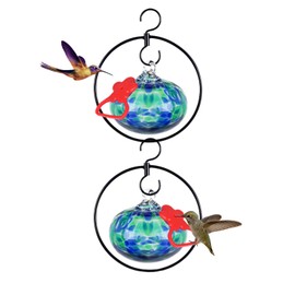 Headak Life 2 Pack Hummingbird feeders for Outdoors Hanging with Iron Hook,Hand Blown Glass Hummingbird Feeder with 2 Adjustable Silicone Perch,Never Leak,Gardening Gifts for Woman Man(Blue)
