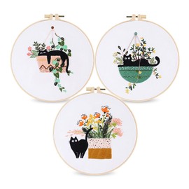 MKNZOME Embroidery Starter Kit for Beginners Adults, 3 Set Cat+Green Plants Cross Stitch Kits, Stamped Hand Embroidery Needlepoint Kit with 1 Bamboo Hoops, Fabric, Threads, Needles, Instructions