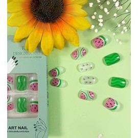 Green 24PCS Short Press on Nails Square Fake Nails Spring Glue on Nails Cute Watermelon Pattern False Nails Full Cover Stick on Nails Pink Reusable Acrylic Nails for Women and Girls Manicure Kit