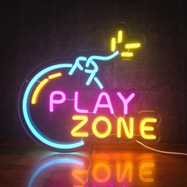Play Zone Neon Sign for Wall Decor, Bomb Gamer Neon Light for Man Cave, LED Sign with Dimming Switch for boys Kids, Teen Gaming Room, Bedroom, Bar Decor, Party & Holiday Decorations, 5V Power Adapter