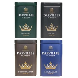 DARVILLES of WINDSOR - 4 Variety Mixed Collection Pack - 4 x 100g Caddy Tins of Loose Leaf Black Tea - Royalty Assam, English Breakfast, Earl Grey & Darjeeling