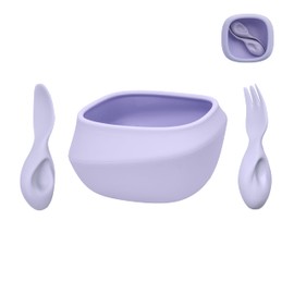 Tiny Genius Toddler Utensils - Baby Essentials with Bowl, Fork, and Spoon | Baby-Led Weaning Supplies (BLW) for 12M+ Self-Feeding, Functional Silicone Dinnerware Set - Boosts Fine Motor Skill (Purple)