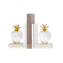 Deco 79 Crystal Fruit Decorative Bookends Apple Non Skid Bookends with Gold Leaves, Set of 2 Office Bookends4 W, 6" H, Clear