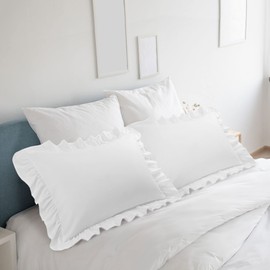 PiccoCasa Brushed Ruffle Pillowcases 2 Pack, Soft Breathable Pillow Covers with Envelope Closure, 4inch Hem Microfiber Pillow Case White 50x65cm