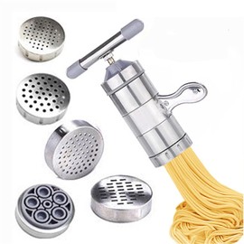VETAKING Stainless Steel Manual Noodles Press Hand Crank Spaghetti Fettuccine Noodle Dough Press Machine Pasta Maker with 5 Noodle Mould, Fruit Juicer Squeezer (18.5x14cm)