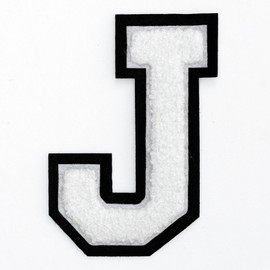 Letter J - Chenille Stitch Varsity Iron-On Patch by pc, 4-1/2", White/Black, TR-11648