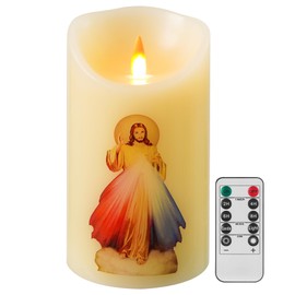 Divine Mercy of Jesus LED Devotional Prayer Candle - Battery Operated Religious Candle with Remote Control & Timer, Real Wax 3D Wick, 6" x 3.2" for Religious Festivals, Home Altar, Church & Devotions