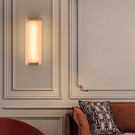 HOMLUCE 14.2in Alabaster Wall Sconces, Large Natural Marble Wall Sconces Set of Two, LED Modern Wall Lamp for Bedroom, Stairs, Living Room, Vanity, Bedside, Hallway （Brushed Bronze 12W）