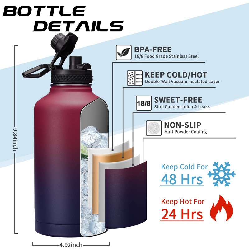 64OZ Vacuum Insulated Water Bottle - Keep Hot Cold Vacuum