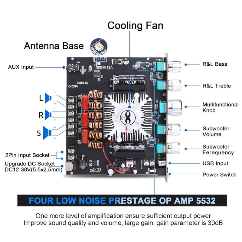 DollaTek 2.1 Channel Bluetooth Amplifier Board High Power Bluetooth Amplifier