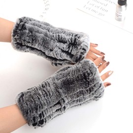 Women Real Rabbit Fur Gloves Mittens Winter Knit Warm Fingerless Hand Warmer