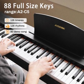AODSK Beginner Digital Piano 88 Key Keyboard,Full-size Electric Piano for Beginners,with Sheet Music Stand,Pedal,Power Adapter,Headphone Mode,USB-MIDI,Piano Lessons,Black,-Comes with headphones