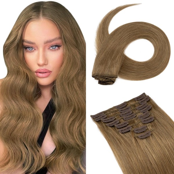 Hairro Clip in Hair Extensions Human Hair 20 inch #06 Light Brown 70g 100% Real Remy Human Hair 8pcs Clip in Hair Extension for Women Soft Smooth Natural Straight Hair