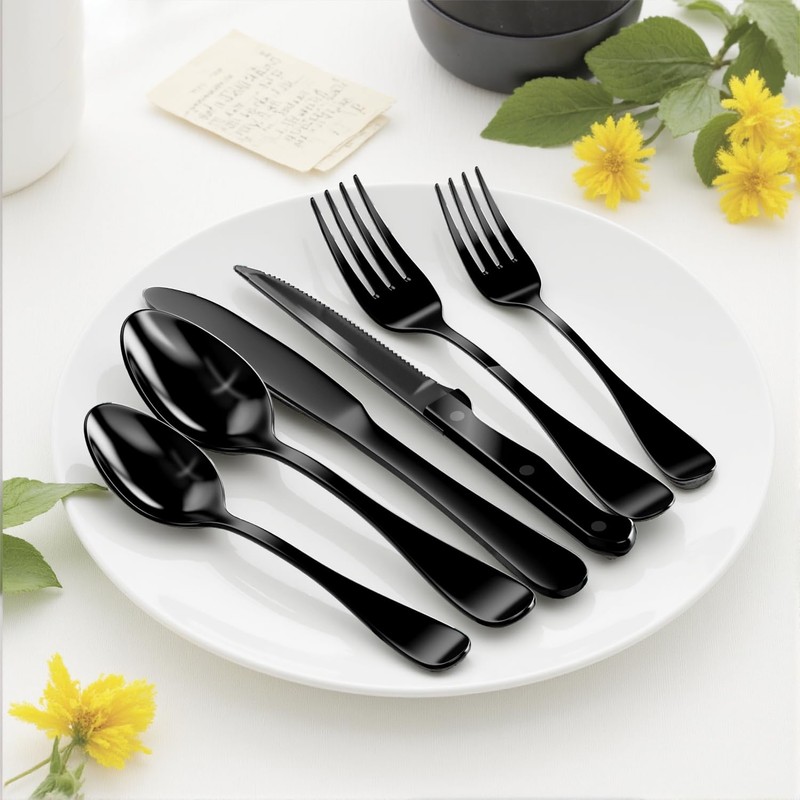 49-Piece Black Silverware Set with Organizer, Stainless Steel Flatware Set