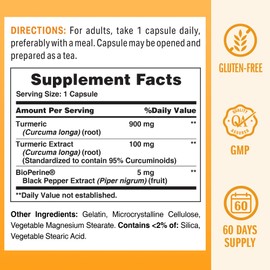 Vitamin World Turmeric Curcumin 1000mg, BioPerine Black Pepper Extract for Better Absorption, 95% Curcuminoids, Turmeric Supplement for Antioxidant & Joint Support, Gluten-Free, 60 Capsules
