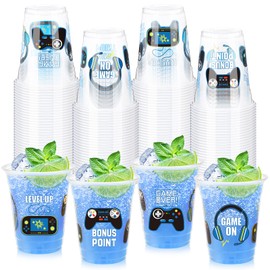 Sunnychicc 50 Pcs Video Game Plastic Cups 12 Oz Gaming Birthday Party Cups Bulk Video Gamer Disposable Cups for Kids Adults Gamer Birthday Video Game Party Favors (Blue)
