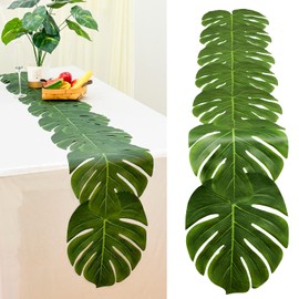AerWo 4Pcs Artificial Palm Leaves Table Runners 72 Inch, Tropical Palm Leaves Table Runner Faux Leaf Table Cloth for Wedding Hawaiian Luau Jungle Summer Party Tropical Baby Shower Table Decorations