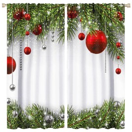 Merry Christmas Curtains Balls with Pine Fir Tree Holiday Season Classic Art Printed Living Room Bedroom Window Drapes Treatment Fabric 2Panels 52 (W) x 84(L) Inch Decor