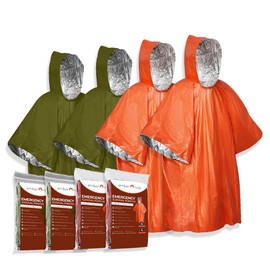 Emergency Survival Rain Poncho - 4 Pack Thermal Mylar Foil Blanket - Reversible Waterproof Heat Retention Rain Protection - Bushcraft Outdoor Gear