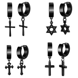Feilok Black Women's Stud Earrings Set 4 Pairs Hypoallergenic Stainless Steel Cross Stud Earrings Star Earrings Set Hoop Earrings for Men and Women Earrings, Stainless Steel
