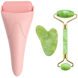 AECW 3-in-1 Natural Jade Roller and Gua Sha Set for Face and Eye Ice Roller Facial Cooling Massage Roller