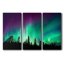 Renditions Gallery Northern Lights Wall Art Nature Star Night Landscape Print 12x24 inches x 3 pieces Aurora Borealis Wall Pictures Wooden Framed Stretched Print on Canvas for Living Room Bathroom Bedroom Office Decoration