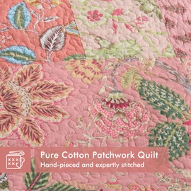 Etwel Queen Quilt Bedding Set Patchwork, Cotton Bedspread Coverlet Lightweight, Floral Pink Comforter for All Season, Soft Reversible Bed Cover with 2 Pillow Shams
