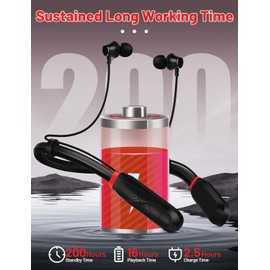 TERUBIN Neckband Bluetooth Headphones, 200H Long Playtime Wireless Stereo Neckband Earbuds with Microphone, Waterproof Around The Neck Headphones in Ear Headset for Sports/Workout/Office (Black)