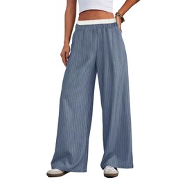 Lesore Womens Plus Size Casual 2025 Striped Color Block High Elastic Waist Wide Leg Pants Trousers Long Straight Suit Pants Blue XXL