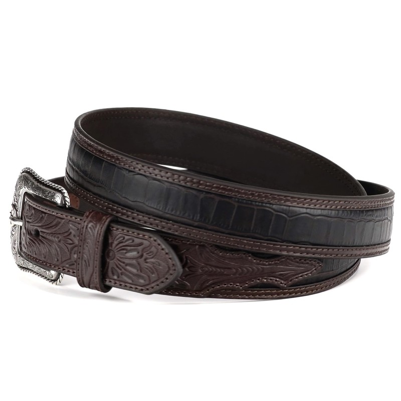ARIAT Men's Floral Tab Faux Crocodile Leather Belt, Brown, 36