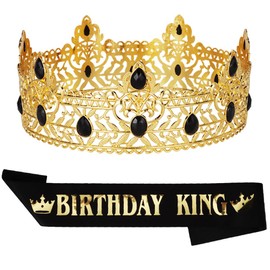Birthday King Sash Crown & Tiara for Men Birthday Party Decorations Accessories Set for Boy Prince Light Gold Black, 2 Pack