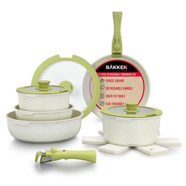 Bakken-Swiss Detachable 15-Piece Cookware Set – Granite Non-Stick – Eco-Friendly – stackable Removable Handles – for All Stoves & Oven-Safe - Green/cream color