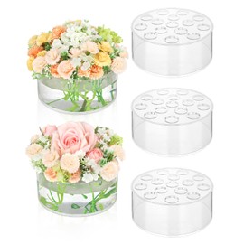 FOTRIC 5 Pack Clear Acrylic Flower Vase Circle Floral Centerpiece Dining Table, 5.9 Inch Wedding Round Flower Vase, 15 Holes Modern Acrylic Low Vases with Holes