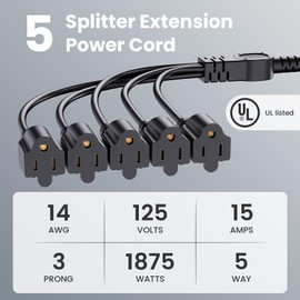 3 Prong 1 to 5 Splitter Cord, Outdoor Extension Cable Strip Outlet Saver, SJT 16AWG, LED Stage Light (20 Inch Black)