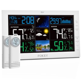 Fokey Weather Station Wireless Indoor Outdoor, Indoor Outdoor Thermometer Wireless, Home Atomic Clock Weather Stations, Digital Temperature Humidity Barometer Inside Outside Thermometers, White+2 Sens