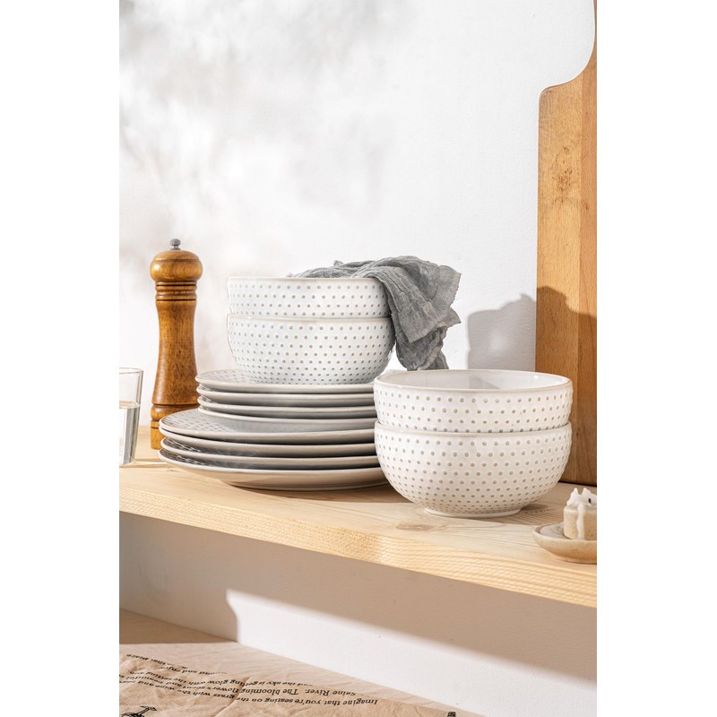 FOBENTA Stoneware Dinner Plates,Embossment Ceramic Dish Set for 4,4 Piece