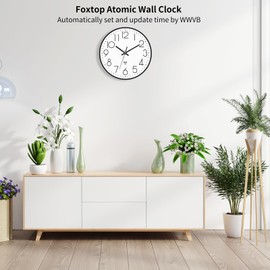 Foxtop Atomic Wall Clock, 12 Inch Self-Setting Wall Clock, Battery Operated Round Modern Clock for Office Classroom School Living Room Bedroom Kitchen Home, Black