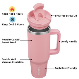 BJPKPK - Vasos aislados con asa y pajita, vasos de acero inoxidable de 40 onzas con tapa, color rosa claro