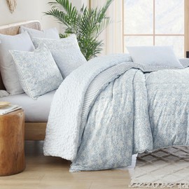 Peri Home 100% Cotton 3-Piece Duvet Cover and Sham Set, Full/Queen, Blue Ikat Eyelet