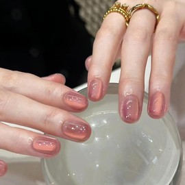 Pink Press on Nails Short Oval Fake Nails Round Acrylic Nails with Cute Jelly Gel False Nails Glossy Bling Squoval Nails Press ons Glue on Nail for Women Girls Manicure 24 Pcs