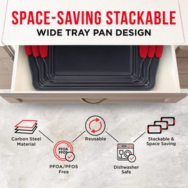 BAKKEN Kitchen Baking Pans - 15.15 x 10.03" Medium Nonstick Sheet, Durable Carbon Steel Cookie Sheet with Red Silicone Handles, PFOA, PFOS, PTFE Free, Oven Safe Tray (Up To 450°F), Set of 1