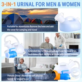 Urinals for Men Women - Portable Urine Bottle Spill Proof Female Urinals Pee Bottle w/Separate Urine Outlet Soft Funnel 68 OZ Urinal for Women Hospital Home Camping Leakproof 47" Long Tube White