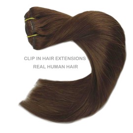 Ailiceehr Human Hair Clip in Hair Extensions #4 Chocolate Brown 80g 16inch Real Human Hair Extension Striaght 8Pcs Double Weft Thick and Soft.