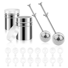 PROKITCHEN - Juego de 20 polvos de harina de acero inoxidable para polvo y polvo con mango accionado por resorte, 16 moldes de impresión para café capuchino y latte