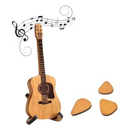 Guitar Pick Box, Wooden Acoustic Guitar Pick Box, Mini Guitar Shaped Guitar Pick Holder Case, Wooden Guitar Pick Box with Stand and 3 Wooden Guitar Picks (1)