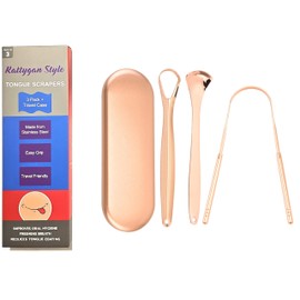 Rattygan Style Metal Tongue Scrapers, 3 Piece Set 304 Stainless Steel Tongue Scrapers with Storage/Travel Case - Oral Hygiene Metal Tongue Cleaners (Rose Gold with Gift Box)