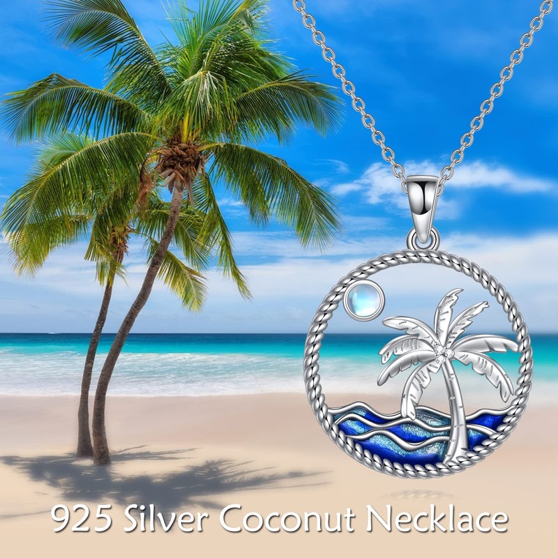 POPLYKE Palm Tree Necklace Sterling Silver Moonstone Ocean Wave Beach