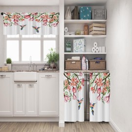 Tayney Tayney Flower Bird Kitchen Window Curtains Valance and Tier Set 36 Inch, Spring Butterfly Watercolor Pink Botanical Rod Pocket Short Tier Curtain, Floral Small Cafe Drapes for Kitchen Decor