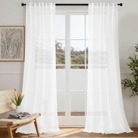 Dreaming Casa Linen Blend Curtians 102 Inches Long, 2 Panels White Light Filtering Window Treatment for Living Room Bedroom, Rod Pocket & Back Tab Semi Sheer Drapes Each 52" W x 102" L
